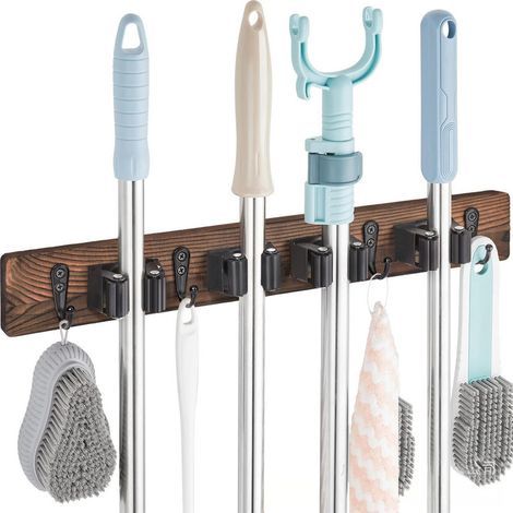 Porte Balais Mural. Accroche Balai Mural avec 4 Supports et 4 Crochets. Support Balais Mural Sans Percage. Rangement Buanderie. Range Outils de Jardin (1/5)