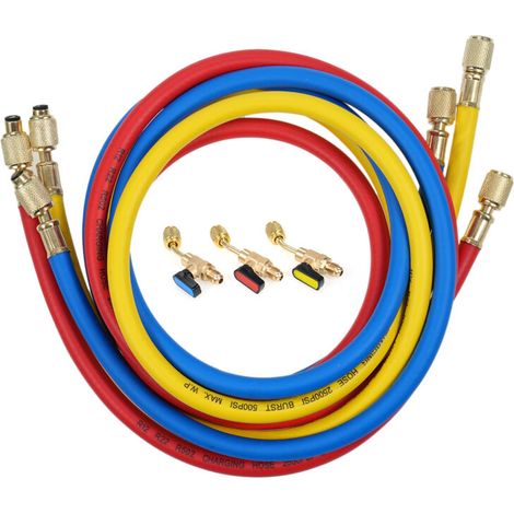 Refrigerant charging hose with ball valve. Suitable for R12, R22, and R502 air conditioning systems. Manifold assembly with 1/4" thread (3-pack). (1/5)