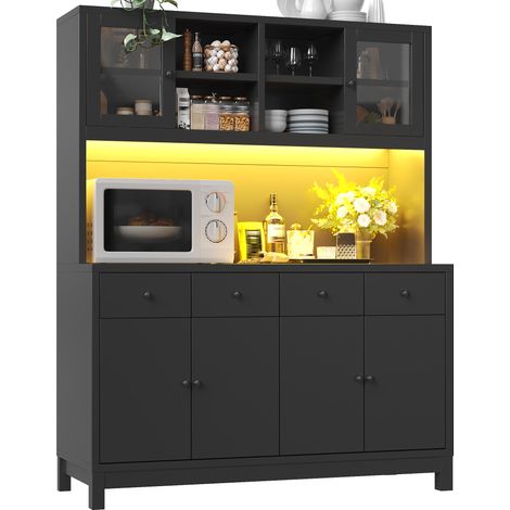 Credenza Alta con 2 Ante in Vetro, 4 Cassetti, Ripiani Regolabili e LED RGB per Cucina in MDF Nero 140 x 38.5 x 180 cm (1/5)