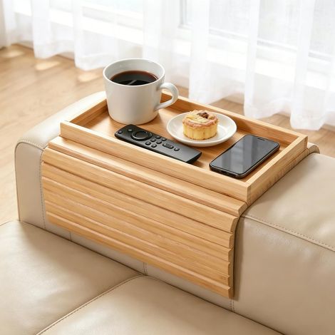 Rutschfestes, klappbares Armlehnentablett aus Holz, Sofa-Armlehnentablett, klappbarer Sofatisch aus Bambus für Sofa, Stuhl und Sessel zur Aufbewahrung von Snacks, Handy und Getränken (1/5)