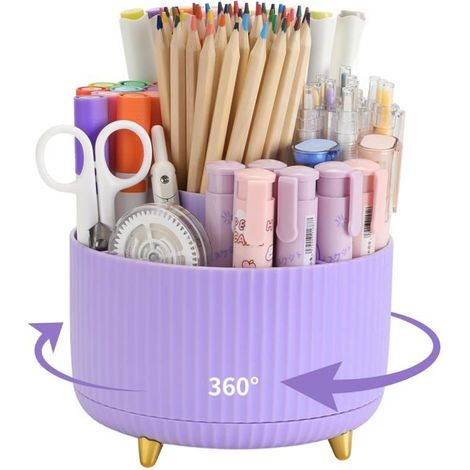 BelleRise - Pot à crayons rotatif à 360° – Conception à 5 compartiments – Accessoire de bureau mignon Grande capacité (Violet) (1/5)