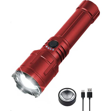 (Rouge) Lampe torche haute luminosité de 3000 lumens, chargement USB-C, 5 modes, zoom. (1/5)