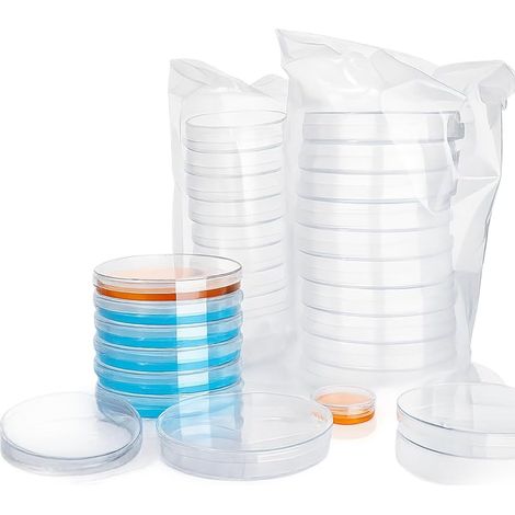 50 placas de Petri de plástico de 90 mm x 15 mm, estériles, para cultivo bacteriano, con tapas transparentes y goteros de plástico, ideales para laboratorios y escuelas. (1/5)