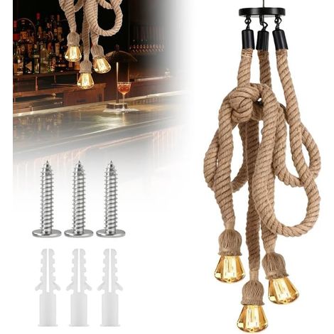 Suspension 100 cm en corde de chanvre style vintage à monter soi-même : suspension à 3 têtes avec douilles E27 et ventouses incluses. Idéale pour salle à manger, couloir, restaurant, [Classe énergétiq (1/5)