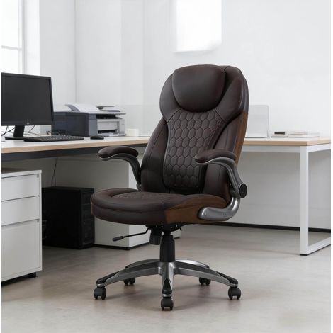 Sedia direzionale in PU e rete marrone con poggiatesta, braccioli pieghevoli e funzione dondolo 67,5 x 73 x 110,5-120 cm (1/5)