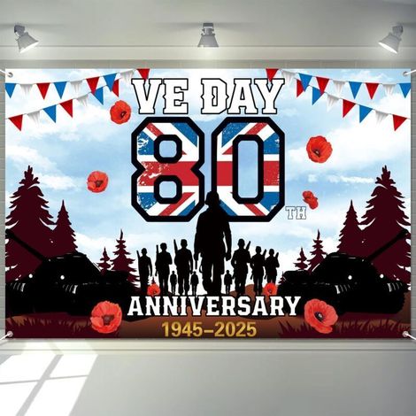 Décorations du 80e anniversaire de la VE, bannière de fond de la victoire en Europe, drapeau du jour des 80 ans VE 1945-2025 décorations. 180 x 110 cm (1/5)