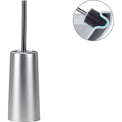 Cepillo de inodoro con soporte en diseño moderno, mango de acero inoxidable 38,5cm, cerdas largas densas y suaves, fácil de limpiar (1/4)