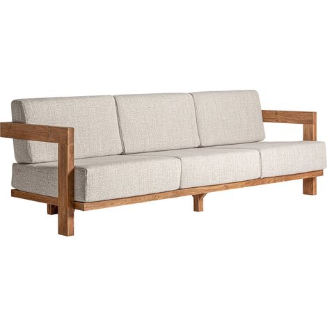 Canapé colonial en teck et coussins beige - marron bois et beige chiné (1/5)