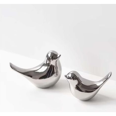 Lot de 2 statues d'oiseaux modernes argentée, en céramique bureau, jardin, décoration, sculpture maison (1/5)