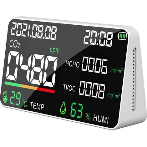 Kohlendioxid-Detektor, 7-in-1-Luftqualitätsmonitor TVOC HCHO CO2 Smart tragbarer Luftgasdetektor, Temperatur-Feuchtigkeitssensor-Detektor mit Datum und Uhrzeit