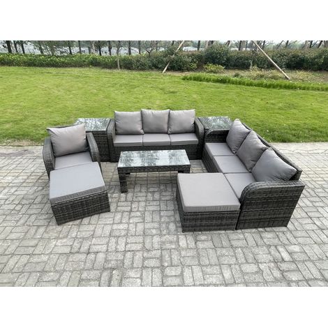Fimous Ensemble de canapés en rotin 9 places Salon de jardin avec Table basse rectangulaire Canapé 3 places 2 Tables d'appoint 2 Grand tabourets Gris foncé mixte (1/5)