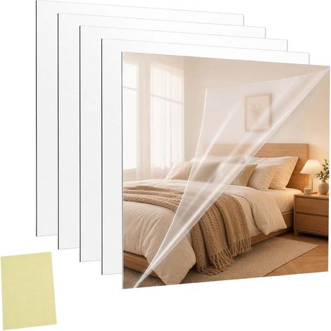 4 Pièces Miroirs en Acrylique, Miroirs Muraux Sans Cadre à Fixer avec Ruban Adhésif Double Face, Carrés Flexibles pour Salle de Bain, Chambre, Salon, Dressing, Armoire et Décoration Murale (1/5)