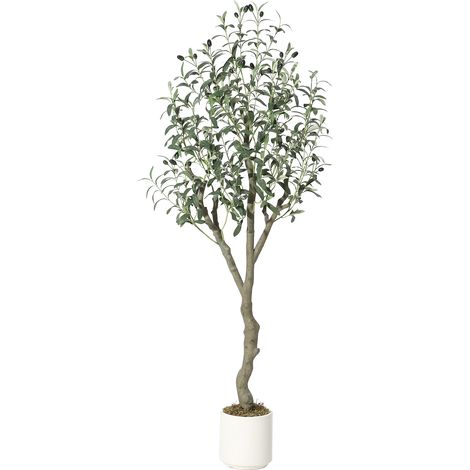 Tronc bois, feuillage ajustable – Olivier artificiel réaliste en pot blanc, plante fausse décorative avec fruits, 5FT