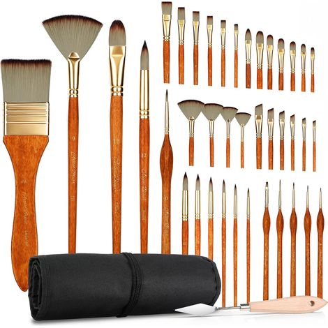 Lot de 40 pinceaux de peinture avec plusieurs formes et tailles, poils en nylon synthétique pour acrylique, aquarelle, gouache et peinture à l'huile avec rouleau de toile (1/5)