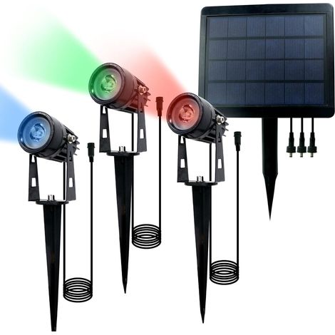 Solarsys® - 3 Spots Solaires (Vert+Jaune+Bleu) avec Un Panneau Solaire de 3W, 300 Lumens, 100 Lumens/1W par Spot,Visserie et Kit d'Installation Inclus pour Jardin,Cour et Rue (1/3)