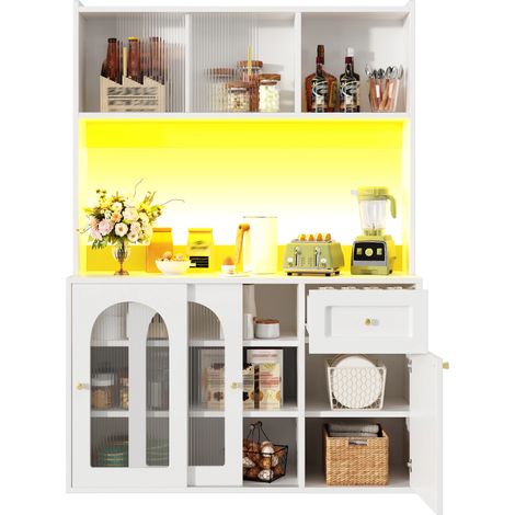 Küchenschrank, Hochschrank, Vitrinenschrank, Buffetschrank mit Verstellbaren Ablagen, Esszimmerschrank, Sideboard mit LED-Beleuchtung, Weiß
