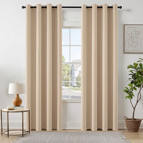 Lot de 2 Rideaux Occultants Beige à Oeillets 140x175 CM Isolation Thermique Salon Chambre