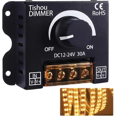 Contrôleur LED 12/24V 30A PWM Variateur de Lumière avec Bouton Marche/Arrêt Régulateur d’Intensité pour Bande LED Monochrome 5050 3528, Boîtier en Aluminium Durable Installation Facile (1/5)