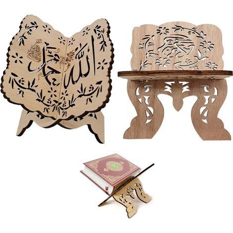 2PCS Coran En Bois Musulman Porte-livre Pliant Support Bibliothèque En Bois Kuran Coran Coran Porte-Livre sacré pour la décoration de la Maison en Bois Islam Livres islamiques et Lecture de la B