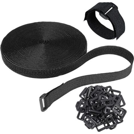 Sangles de câble réglables de 10 m avec 50 boucles, longueur de coupe libre, attaches de câble de fixation réutilisables noires, sangle de fixation à crochet et boucle (1/5)
