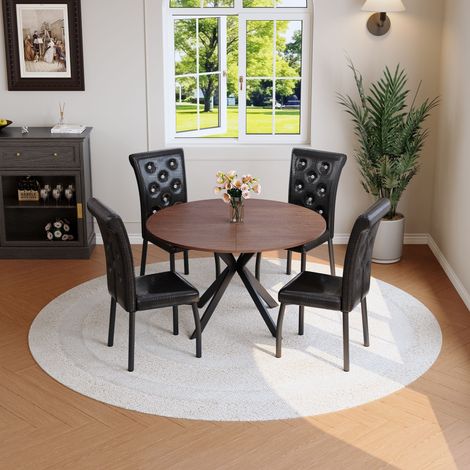 Ensemble de salle à manger avec table ronde en bois extensible et 4 chaises de salle à manger noires, ensemble de cuisine gain de place en simili cuir avec capitonnage boutonné et pieds en métal pour 