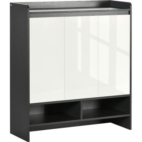 Modern High Gloss Shoe Cabinet with White Doors and Open Shelves, Stylish Storage Organizer for 19 Pairs in Grey Finish