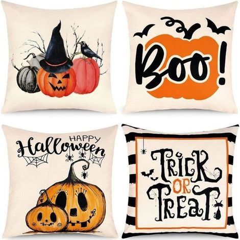 Halloween Cushion Covers - Pumpkin Design - Set of 4 - 45x45cm - Cotton & Linen