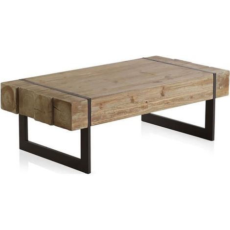 Table basse en bois de sapin coloris naturel et pieds en métal noir - Longueur 120 x Hauteur 40 x Largeur 60 cm