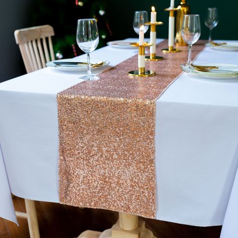Chemin de table à paillettes 30 x 300 cm, brillant et raffiné, or rose doré, idéal pour les fêtes et banquets. (1/5)