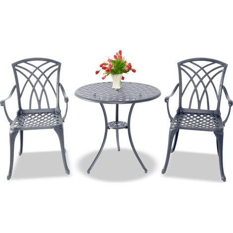 Centurion Supports OSHOWA Luxurious Garden & Patio Table & 2 Large Chairs with Armrests Cast Aluminium Bistro Set Grey (1/5)