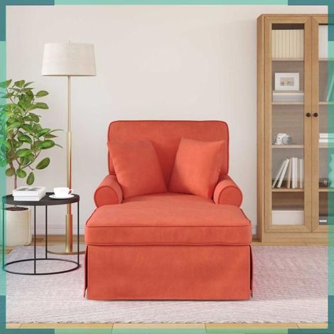 Chaise longue - 42022953 - Tissu velours côtelé rouge orange - Coussin amovible + 2 oreillers - Profondeur 157 cm (1/5)