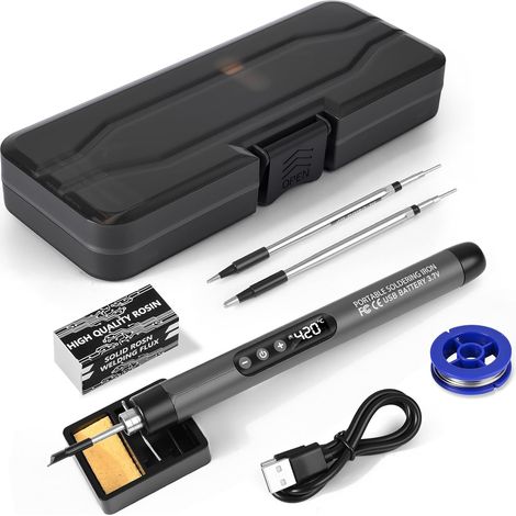 Kit de Fer à Souder Sans Fil, Fer à Souder Batterie Rechargeable USB, Température Réglable de 260 ℃ à 420 ℃, 3 Pannes à Souder, Fil à Souder, Pâte à Souder, Kit Soudure Electronique (1/5)