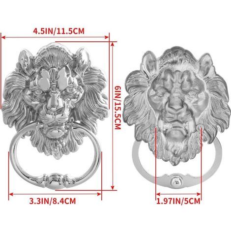 Heurtoir tête de lion avec vis, grand lion argenté pour portes d'entrée et porches principaux (1 pièce) (1/2)