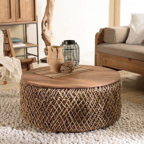 Macabane – Table basse ronde 85cm en rotin et teck recyclé – Plateau amovible – Style naturel pour salon moderne – Meuble monté - diam85 (1/5)