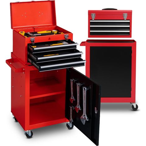 Chariot à Outils avec 3 tiroirs coulissants et Armoire avec Serrure pour Garage et Atelier, Structure en métal Peint Facile à déplacer (Rouge) (1/5)