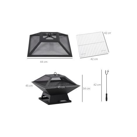 Brasero de jardin noir en acier avec grille de cuisson et pare-étincelles, tisonnier inclus, pour terrasse et jardin (1/5)