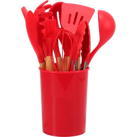 Ensemble de 11 Ustensiles de Cuisine en Silicone avec Poignée en Bois et Seau de Rangement, Idéal pour Camping - Rouge (1/5)