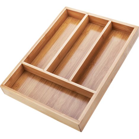 Range couverts en bois bambou 25x4x34 cm – Plateau amovible 4 compartiments – Pour ustensiles de cuisine et bijoux – Résistant à l'humidité – Primematik (1/5)