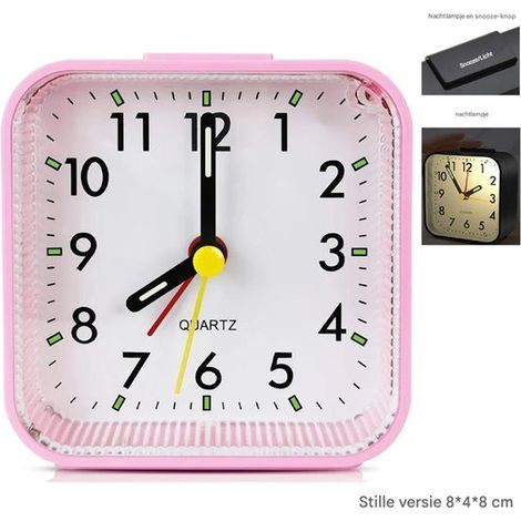Ynkkvre – Lautloser analoger Wecker – Kein Ticken – Schlummerfunktion und Nachtlicht – Kompakter Reisewecker – Leuchtende Ziffern – Rosa (1/5)