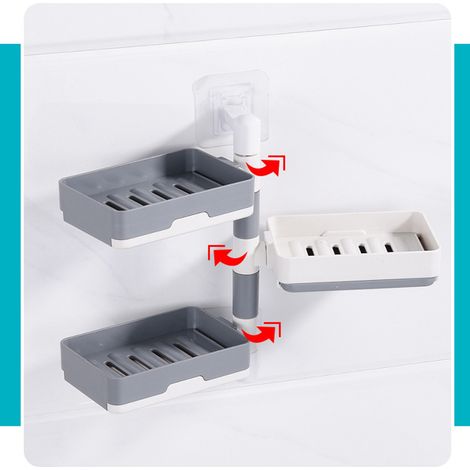 Porte-savon mural rotatif à 3 niveaux en HIPS, sans perçage, blanc et gris assortis. (1/5)