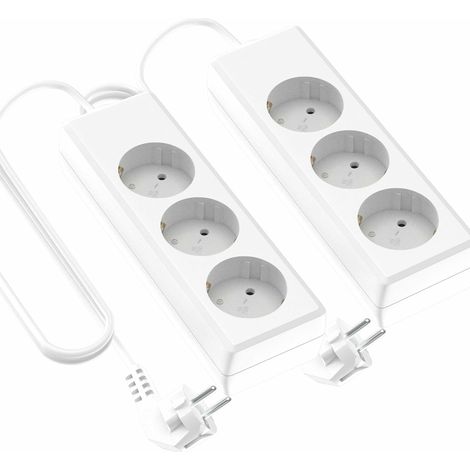 Pack 2 Regletas alargador de 3 enchufes Schuko, 1,4 Metros de Longitud de Cable y protección Infantil. Máximo de 250V, Color Blanco.