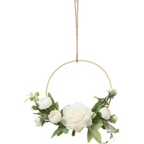 AIDUCHO Couronnes De Fleurs Dorées À Accrocher Au Mur, Fleur Artificielle, Cadre Rond, Guirlande De Roses Roses (Blanc)