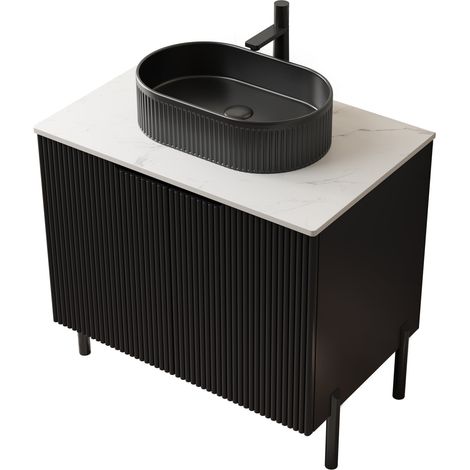Meuble vasque salle de bain 76 cm avec lavabo céramique ovale noir strié, plan de toilette en pierre frittée, double porte soft-close, style romantique CHICFURN (1/5)