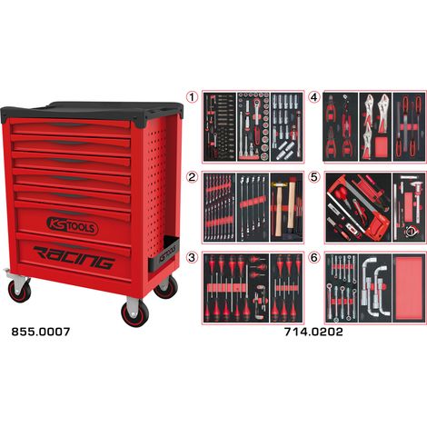 KS Tools - Servante RACING 7 tiroirs équipée de 202 outils - 855.7202