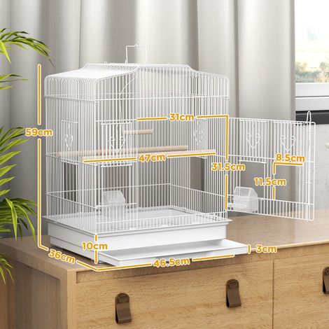 Cage à oiseaux portable avec poignée, plateau amovible, 5 portes, perchoirs et balançoire, blanche. (1/5)