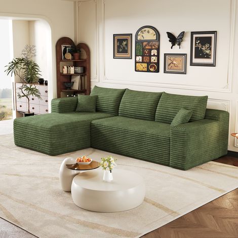 Sofá rinconero 241 x 151 x 84 cm en tejido pana verde sin montaje HAVRYA (1/5)