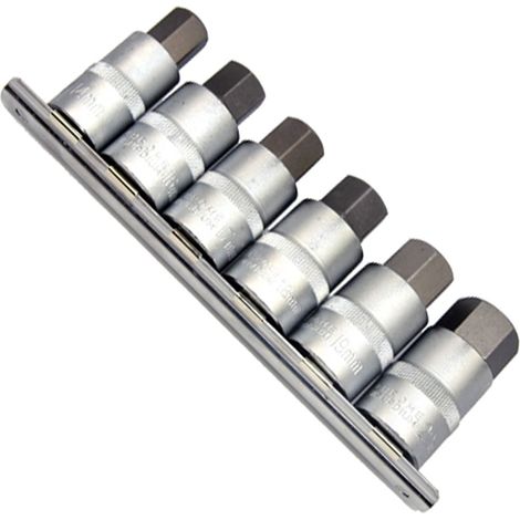 Set di 6 chiavi a bussola extra corte, con inserti esagonali da 14 – 22 mm, per viti interne esagonali da 1/2" Cr-V su listello (1/4)
