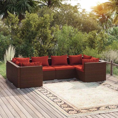 Salon de jardin 6 pcs Ensemble Table et Chaise de Jardin - avec coussins Résine tressée Marron BV963086 - BonneVie (1/5)