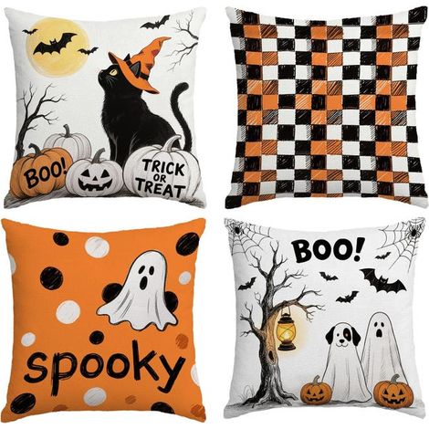 Housses de coussin fantôme d'Halloween 45 x 45 cm, lot de 4, décoration vintage pour intérieur et extérieur (1/5)