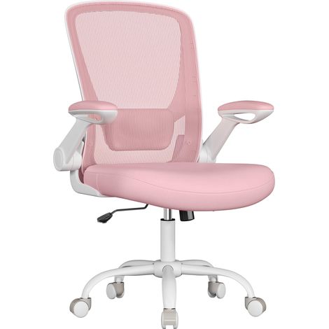 SONGMICS Sedia da Ufficio, Girevole, di Rete, da Computer Ergonomica, Supporto Lombare, Oscillante, Seduta 53 cm, Braccioli Pieghevoli, Rosa Pastello OBN037R01 (1/5)